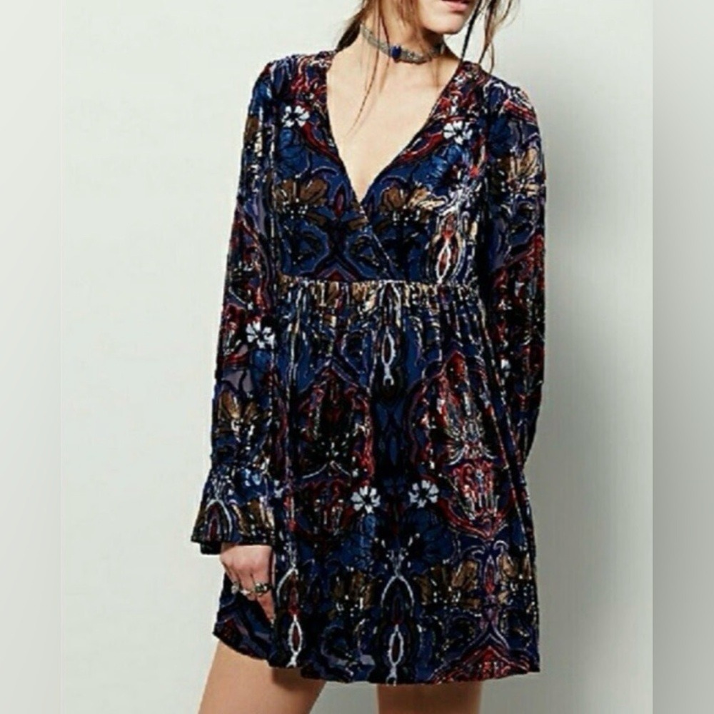 Free‎ People Mystic Charm Velvet Mini Dress Baby Doll Long Sleeve Small Petite